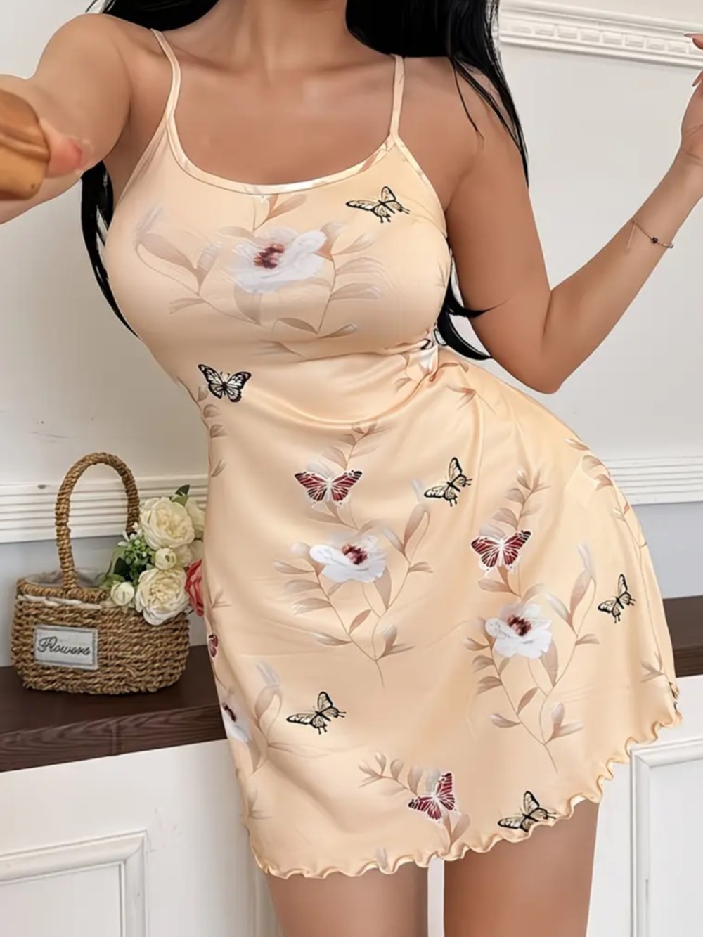 Cream Yellow, Floral & Butterfly, Night Slip